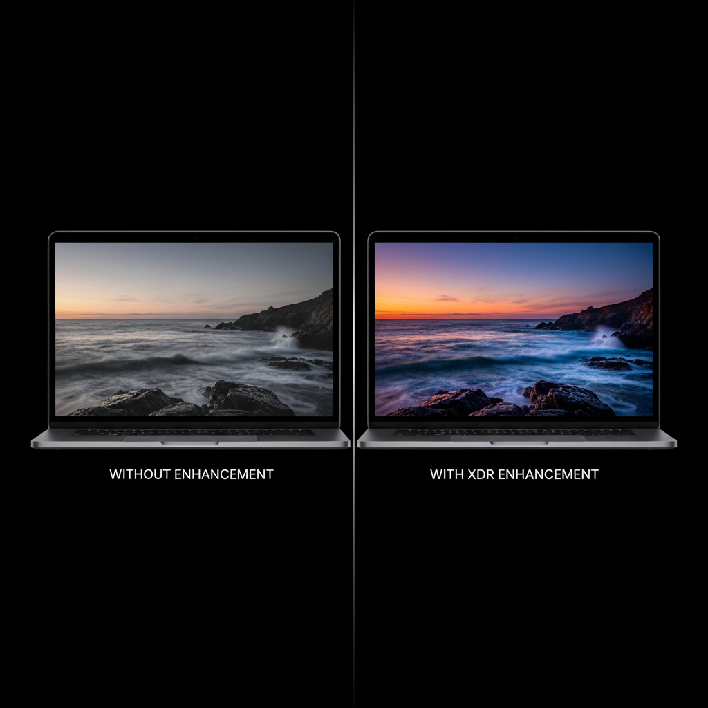 Side by side MacBook Pro comparison showing Deep Blacks vs standard