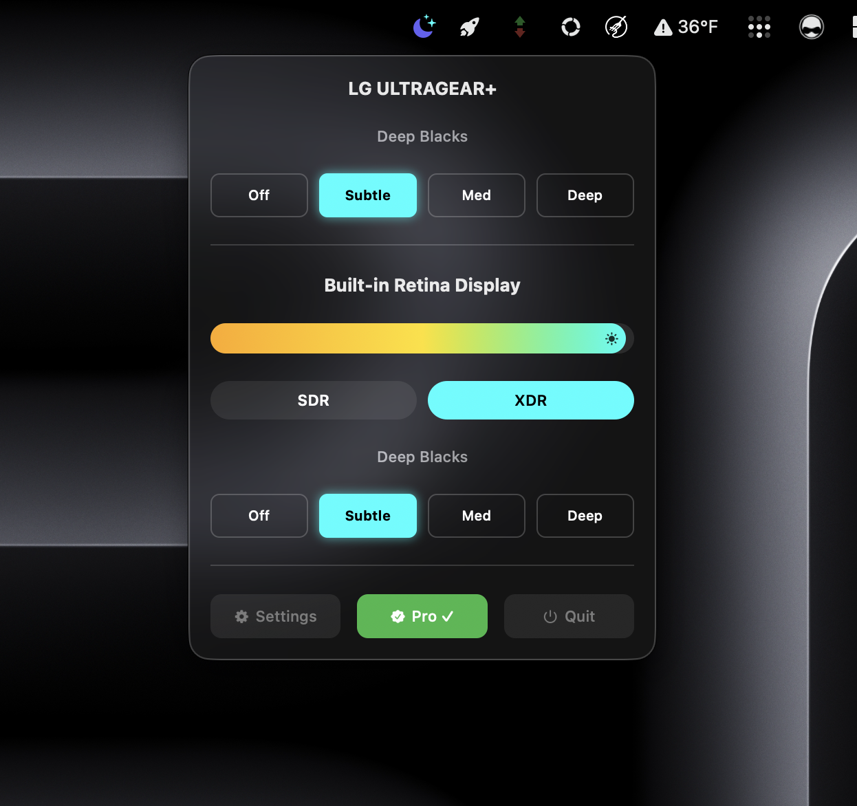 NitrousPanel menu bar app interface